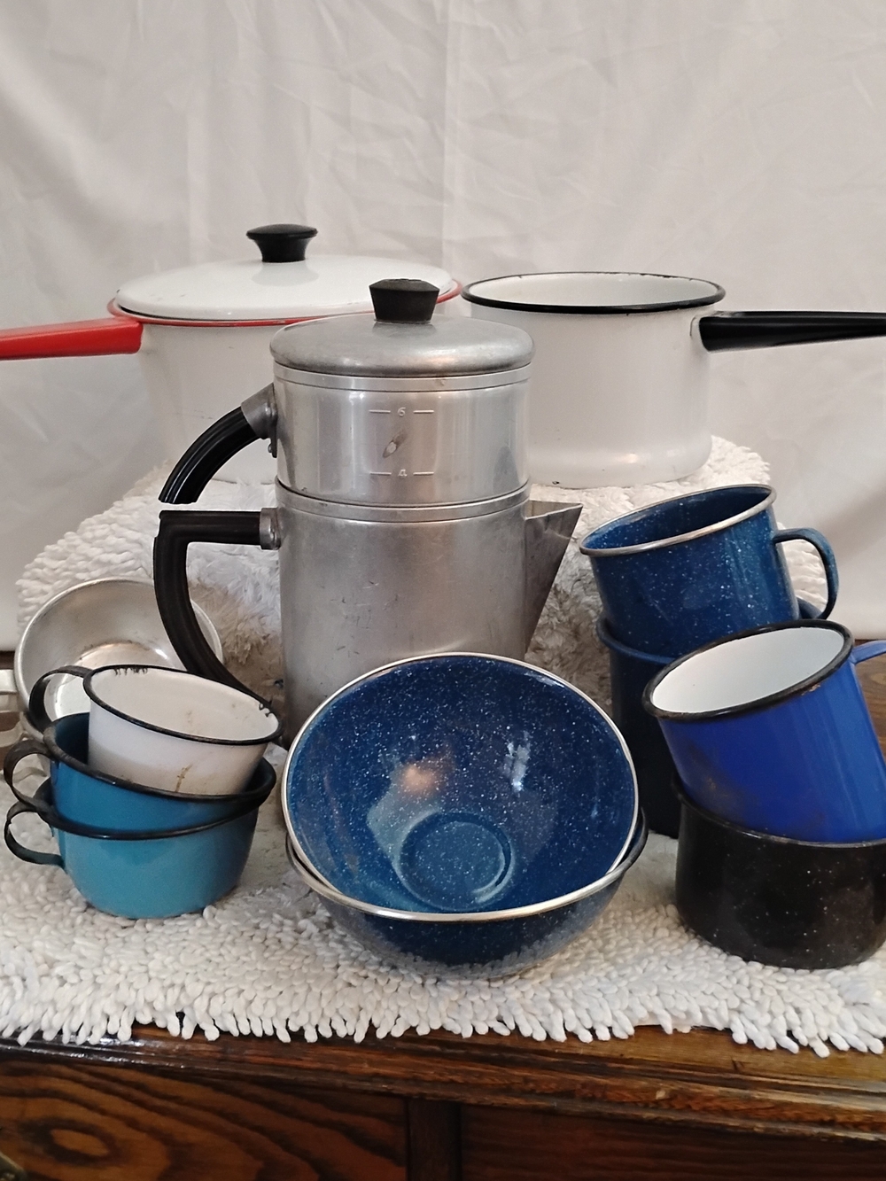 Blue Speckled Enamelware Coffee Percolator Set with Assorted Enamel Mugs